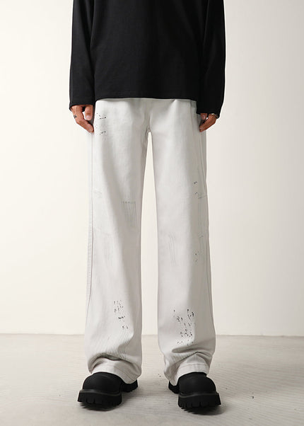 Dirty Distressed Loose Wide-Leg Jeans for Men - S / White - Men’s Jeans