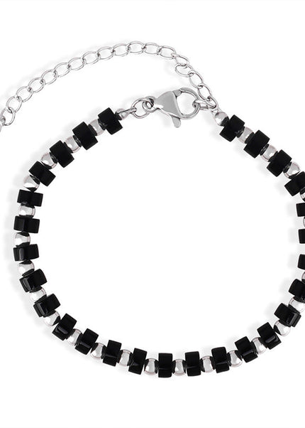 European and American cross-border new light luxury retro high-end natural black turquoise handmade beaded stainless steel bead bracelet jewelry