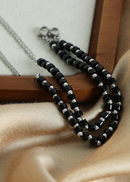 European and American cross-border new light luxury retro high-end natural black turquoise handmade beaded stainless steel bead bracelet jewelry