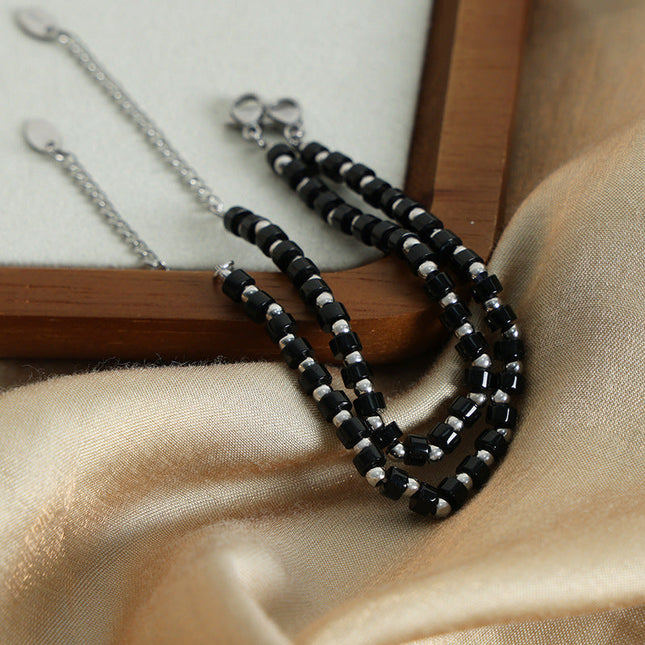 European and American cross-border new light luxury retro high-end natural black turquoise handmade beaded stainless steel bead bracelet jewelry