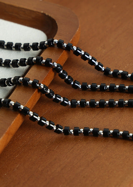 European and American cross-border new light luxury retro high-end natural black turquoise handmade beaded stainless steel bead bracelet jewelry