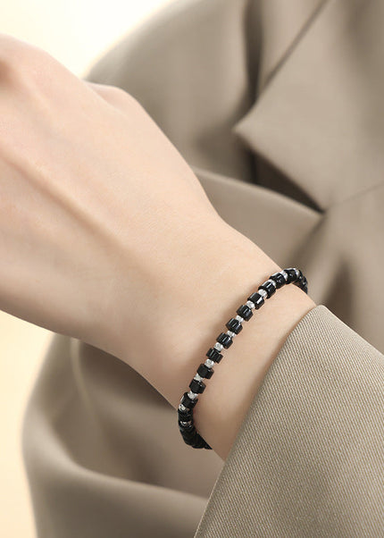 European and American cross-border new light luxury retro high-end natural black turquoise handmade beaded stainless steel bead bracelet jewelry