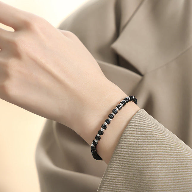 European and American cross-border new light luxury retro high-end natural black turquoise handmade beaded stainless steel bead bracelet jewelry