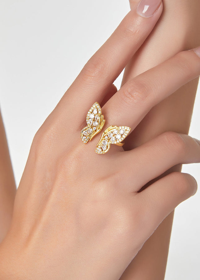 European and American fashion butterfly shape temperament ring geometric inlay zircon design sense personality open copper ring Ring