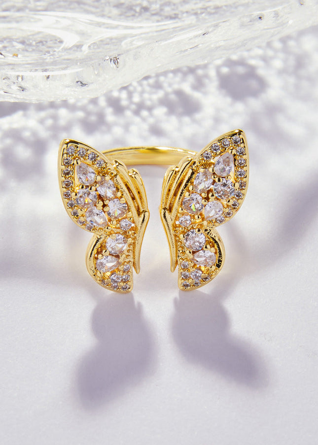 European and American fashion butterfly shape temperament ring geometric inlay zircon design sense personality open copper ring Ring