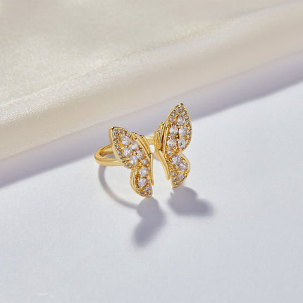 European and American fashion butterfly shape temperament ring geometric inlay zircon design sense personality open copper ring Ring