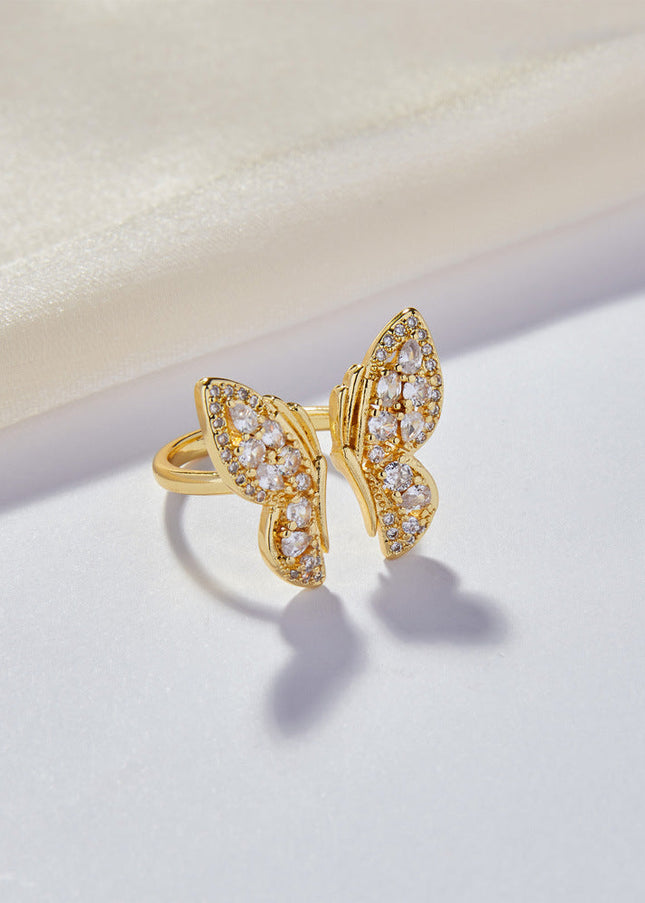 European and American fashion butterfly shape temperament ring geometric inlay zircon design sense personality open copper ring Ring