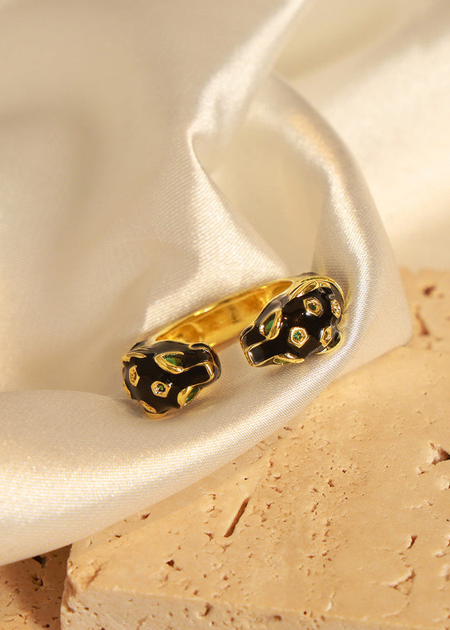 Cross-border new personality copper material black panther inlaid diamond enamel glaze open ring fashion niche design jewelry women