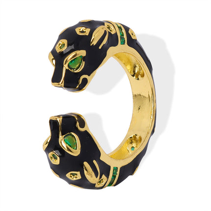 Cross-border new personality copper material black panther inlaid diamond enamel glaze open ring fashion niche design jewelry women