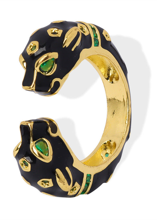 Cross-border new personality copper material black panther inlaid diamond enamel glaze open ring fashion niche design jewelry women