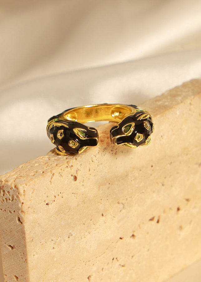Cross-border new personality copper material black panther inlaid diamond enamel glaze open ring fashion niche design jewelry women
