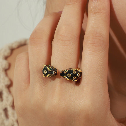 Cross-border new personality copper material black panther inlaid diamond enamel glaze open ring fashion niche design jewelry women