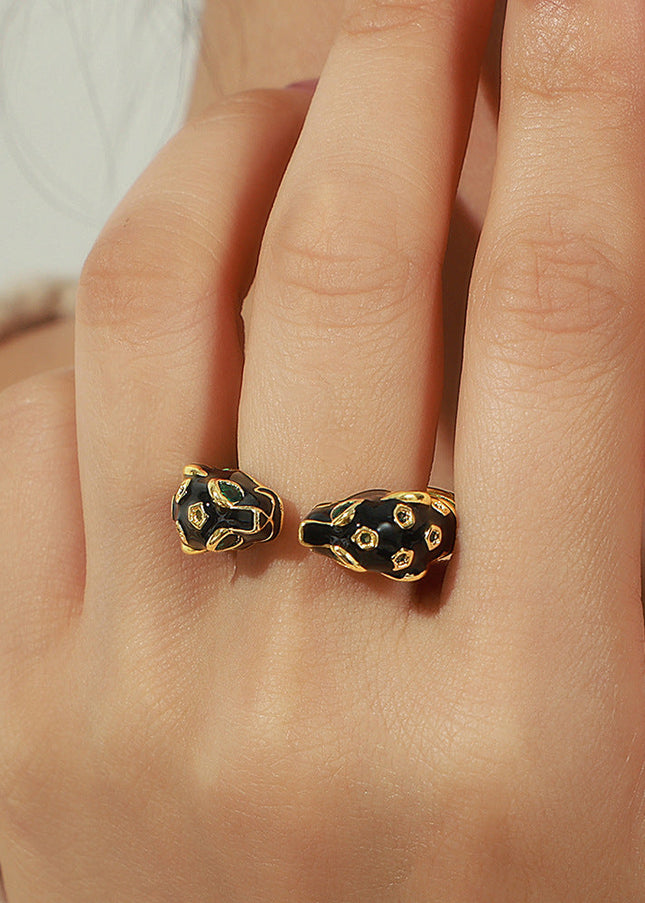 Cross-border new personality copper material black panther inlaid diamond enamel glaze open ring fashion niche design jewelry women