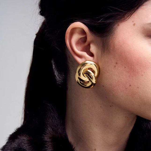 Jieding European and American stainless steel 18k gold double ring earrings, metal exaggerated face, small studs, foreign trade versatile jewelry