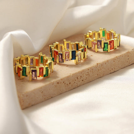 European and American new light luxury, simple and fashionable copper material inlaid with colored zircon open rings, personality niche design jewelry