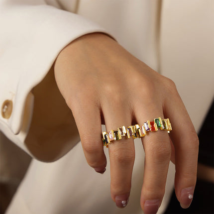 European and American new light luxury, simple and fashionable copper material inlaid with colored zircon open rings, personality niche design jewelry
