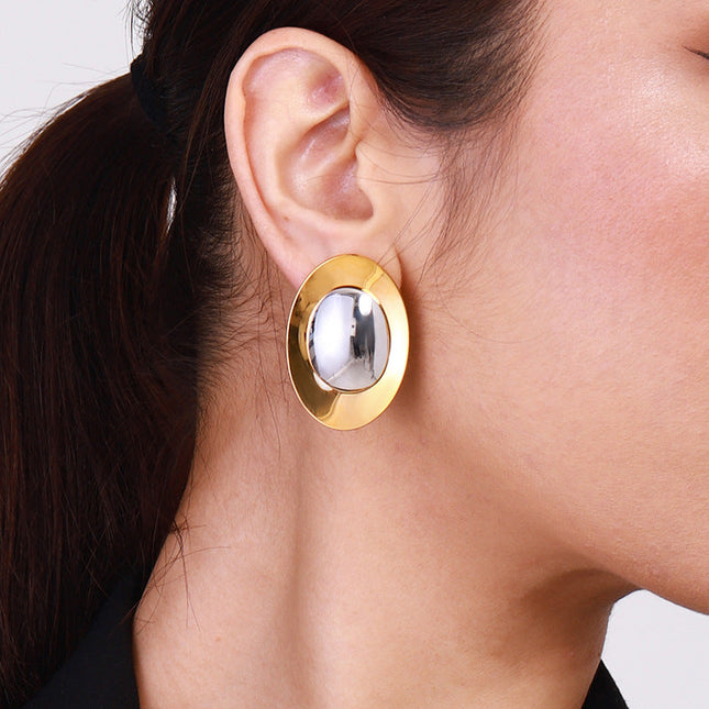 Jieding European and American stainless steel, gold and silver, contrasting geometric metal earrings, personality, fashion, glossy studs, foreign trade jewelry, women