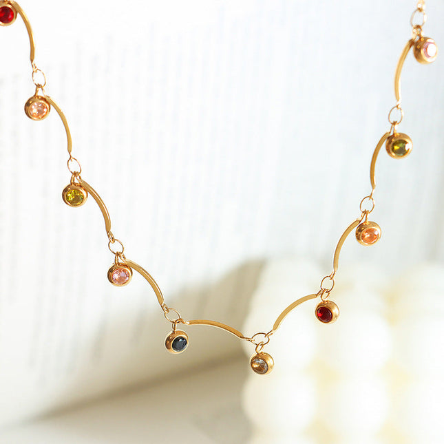 Niche does not fade fashion personality color zircon pendant water wave chain necklace titanium steel plated 18K gold accessories jewelry