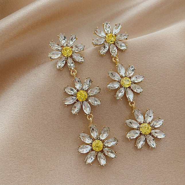 Elegant Earrings | Gold White Sunflower Drop Earrings - Gold - Earrings