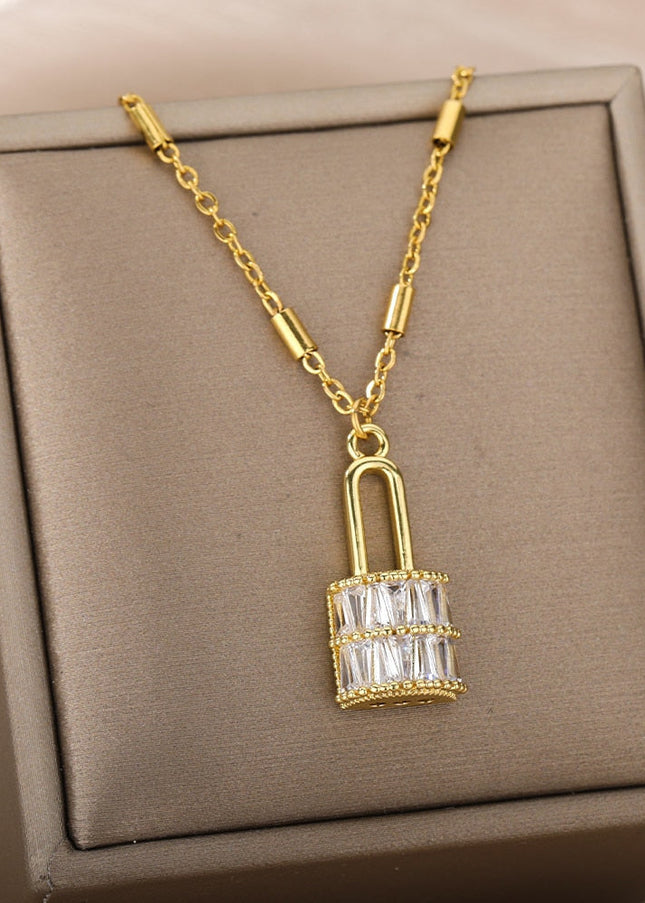 Enchante Pendant Necklace | Gold Zirconia Lock Chain - Gold - Necklaces