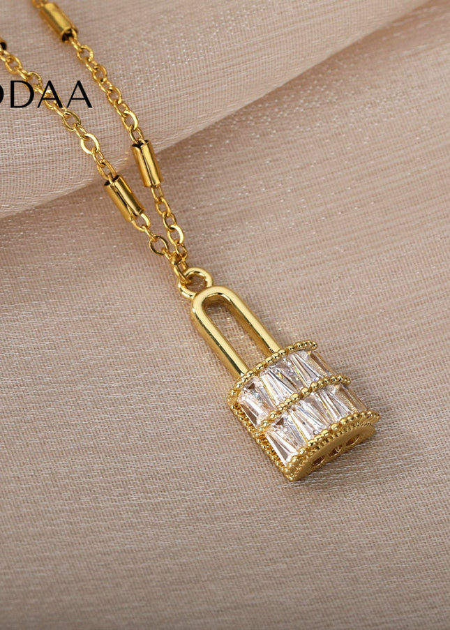 Enchante Pendant Necklace | Gold Zirconia Lock Chain - Gold - Necklaces