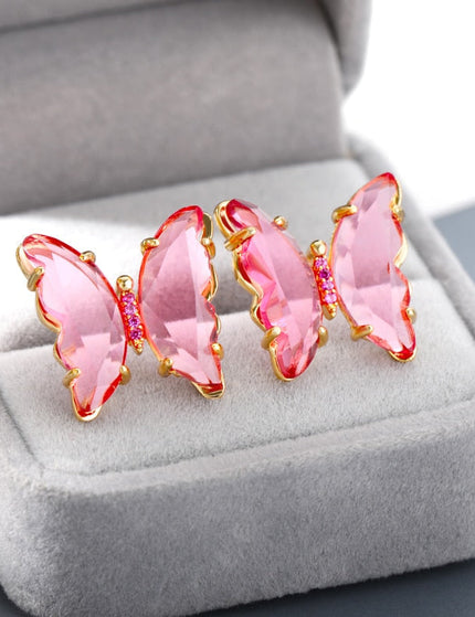 Espoir Earrings | Gold Pink Stone Butterfly Zirconia Stud Earrings - Gold - Earrings