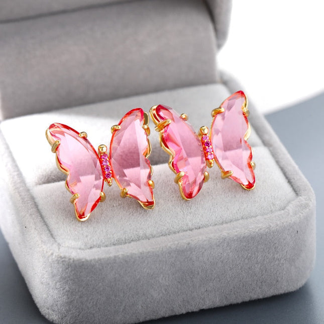 Espoir Earrings | Gold Pink Stone Butterfly Zirconia Stud Earrings - Gold - Earrings