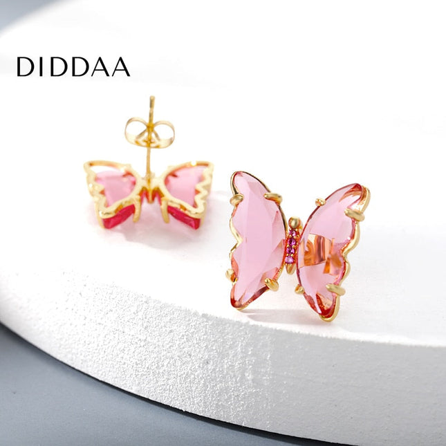 Espoir Earrings | Gold Pink Stone Butterfly Zirconia Stud Earrings - Gold - Earrings