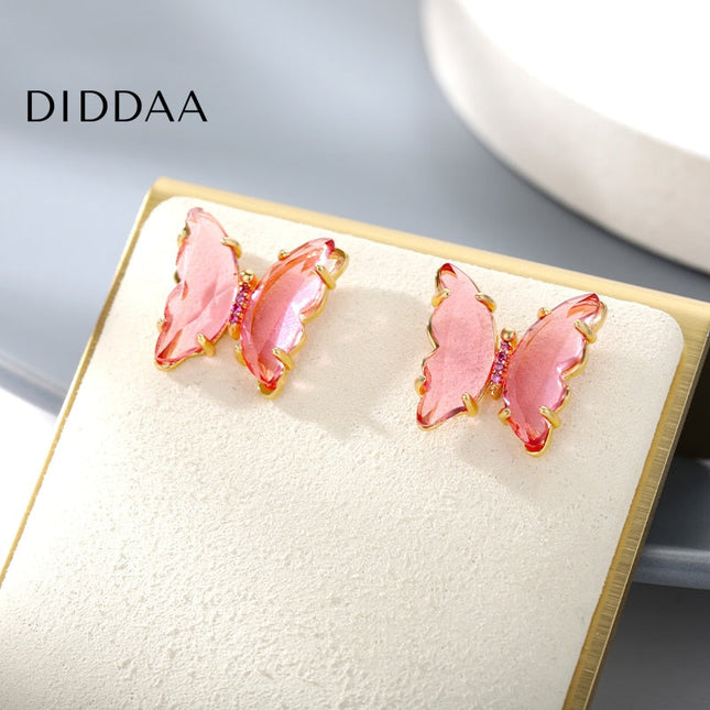 Espoir Earrings | Gold Pink Stone Butterfly Zirconia Stud Earrings - Gold - Earrings
