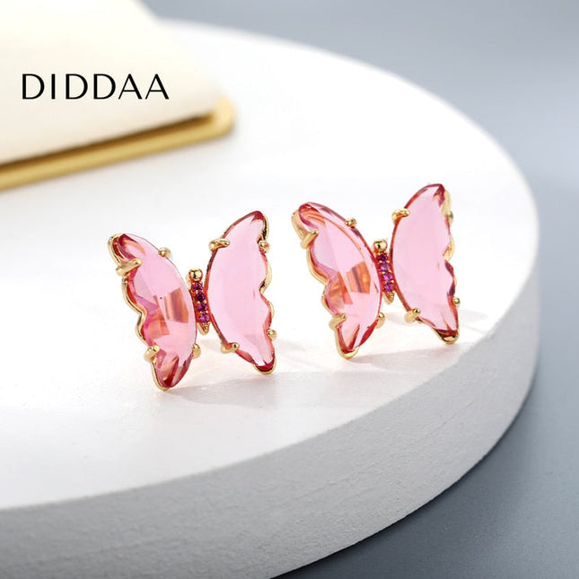 Espoir Earrings | Gold Pink Stone Butterfly Zirconia Stud Earrings - Gold - Earrings