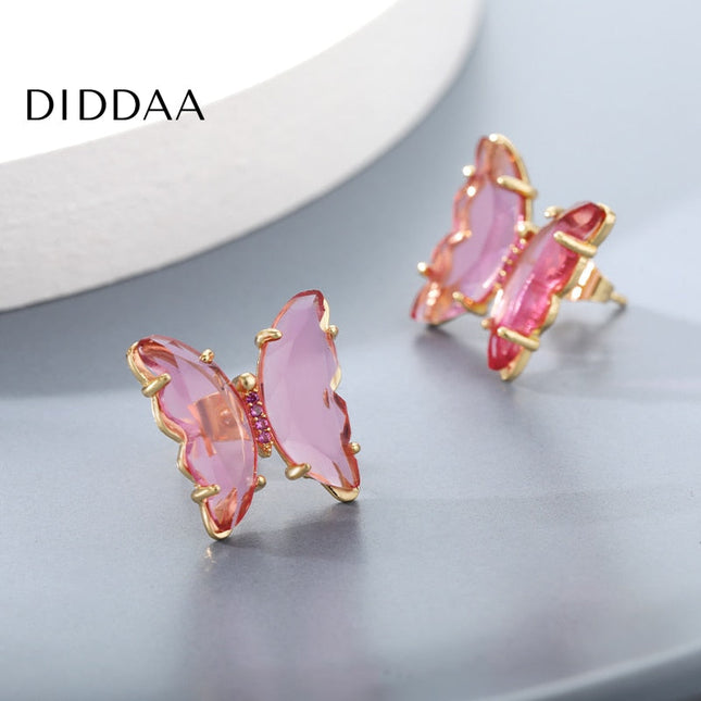 Espoir Earrings | Gold Pink Stone Butterfly Zirconia Stud Earrings - Gold - Earrings