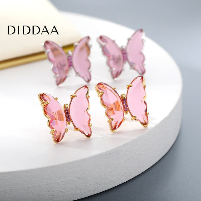 Espoir Earrings | Gold Pink Stone Butterfly Zirconia Stud Earrings - Gold - Earrings