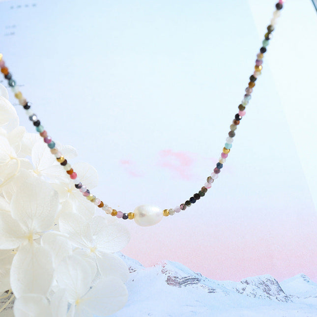 Tourmaline colorful natural stone beaded freshwater pearl pendant necklace vintage ethnic style niche design art jewelry