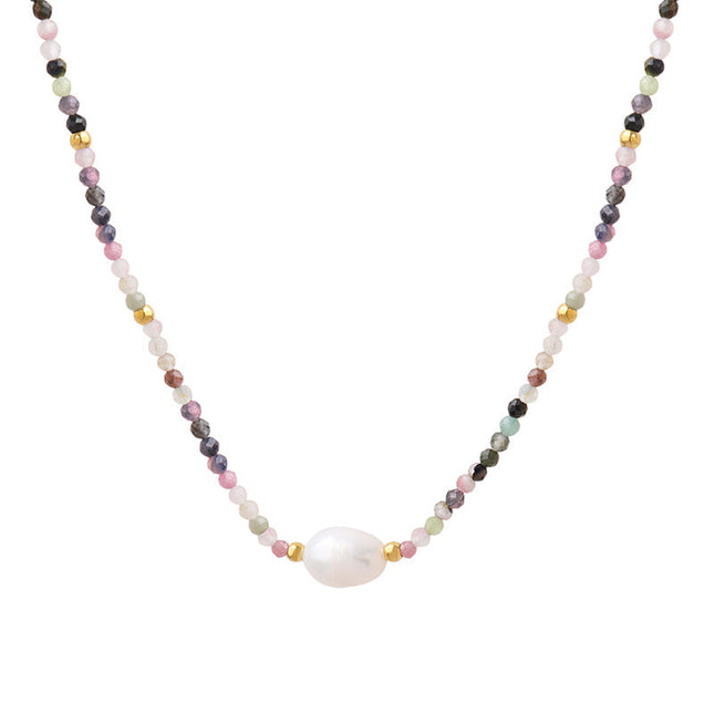 Tourmaline colorful natural stone beaded freshwater pearl pendant necklace vintage ethnic style niche design art jewelry