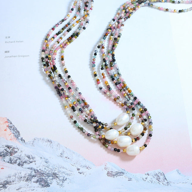 Tourmaline colorful natural stone beaded freshwater pearl pendant necklace vintage ethnic style niche design art jewelry