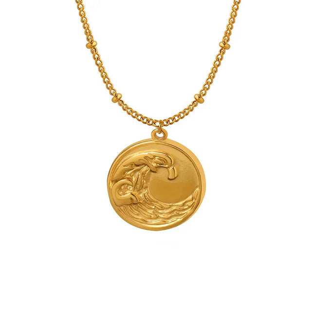 Niche design cold ins trend titanium steel plated 18K gold clavicle chain coin embossed wave pattern pendant necklace