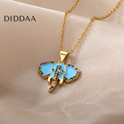 Faisont Pendant Necklace | Gold Zirconia Elephant Animal Chain - Blue - Necklaces