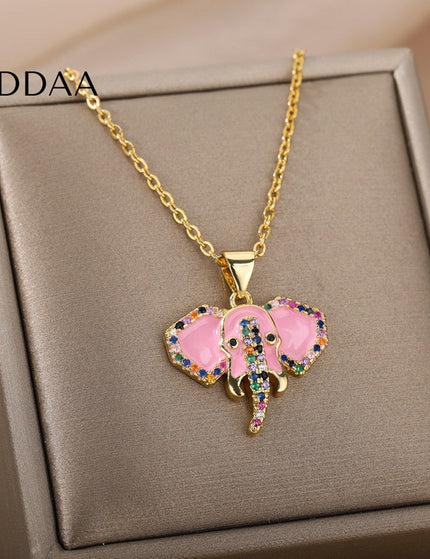 Faisont Pendant Necklace | Gold Zirconia Elephant Animal Chain - Pink - Necklaces
