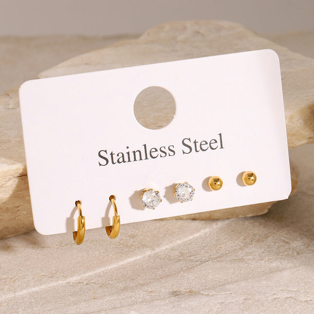 Jieding Europe and the United States three pairs of stainless steel plain ring earrings, zircon stud earrings, high-end niche earrings, titanium steel jewelry cross-border