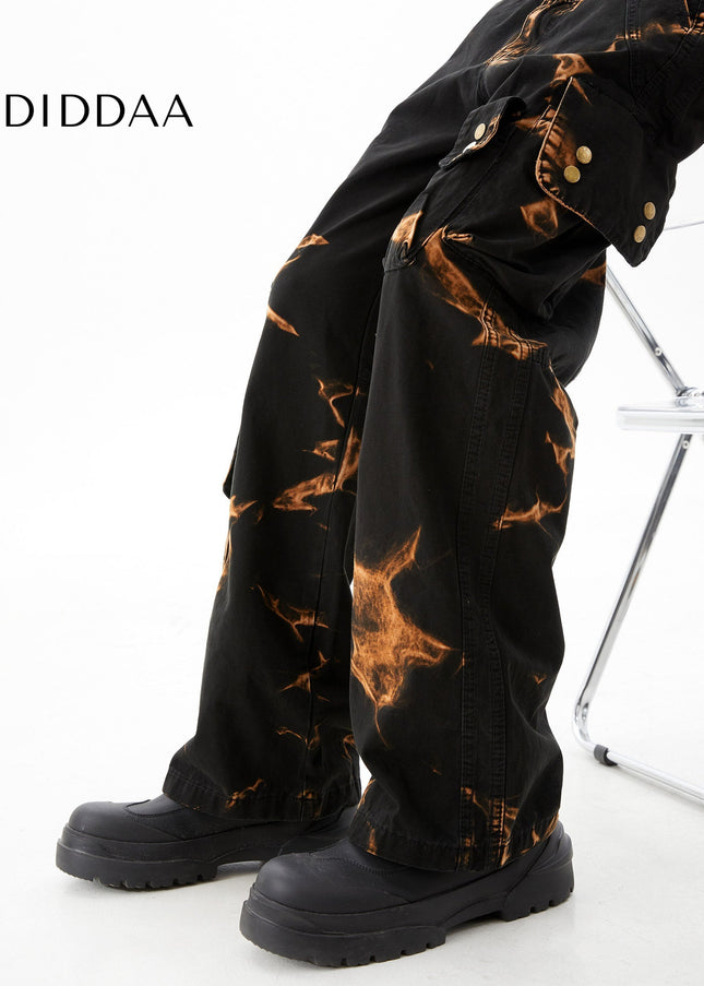 Flame Tie-Dye Functional Cargo Multi-Pocket Jeans - Men’s Jeans