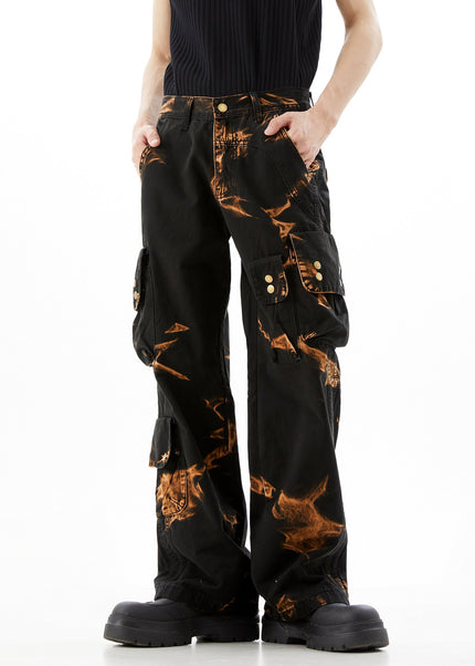 Flame Tie-Dye Functional Cargo Multi-Pocket Jeans - Men’s Jeans