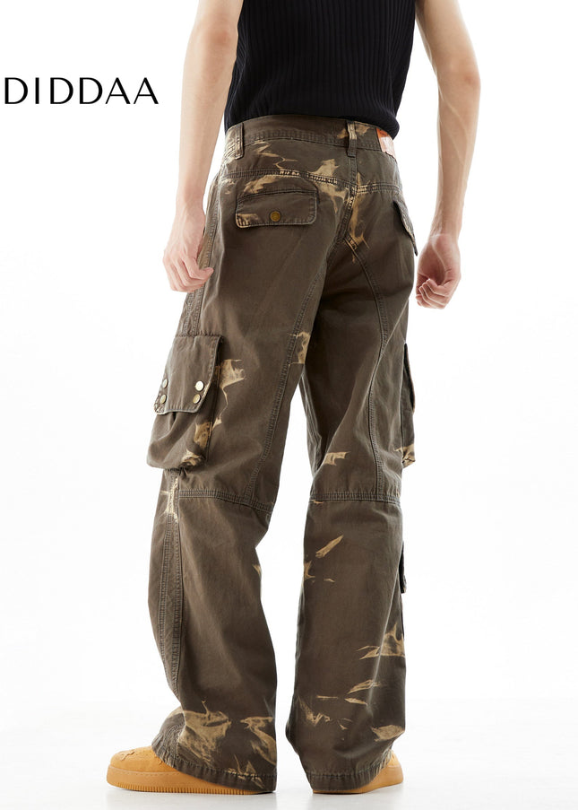 Flame Tie-Dye Functional Cargo Multi-Pocket Jeans - Men’s Jeans