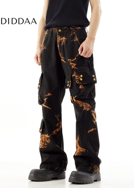 Flame Tie-Dye Functional Cargo Multi-Pocket Jeans - Men’s Jeans