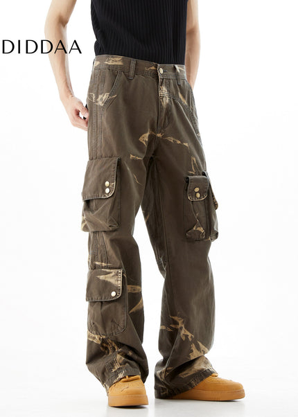 Flame Tie-Dye Functional Cargo Multi-Pocket Jeans - Men’s Jeans