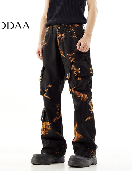 Flame Tie-Dye Functional Cargo Multi-Pocket Jeans - S / Black - Men’s Jeans