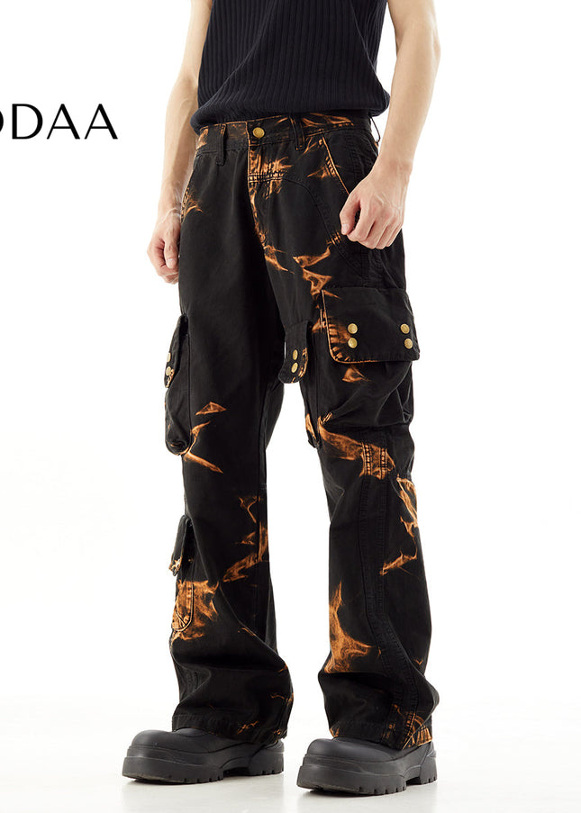 Flame Tie-Dye Functional Cargo Multi-Pocket Jeans - S / Black - Men’s Jeans