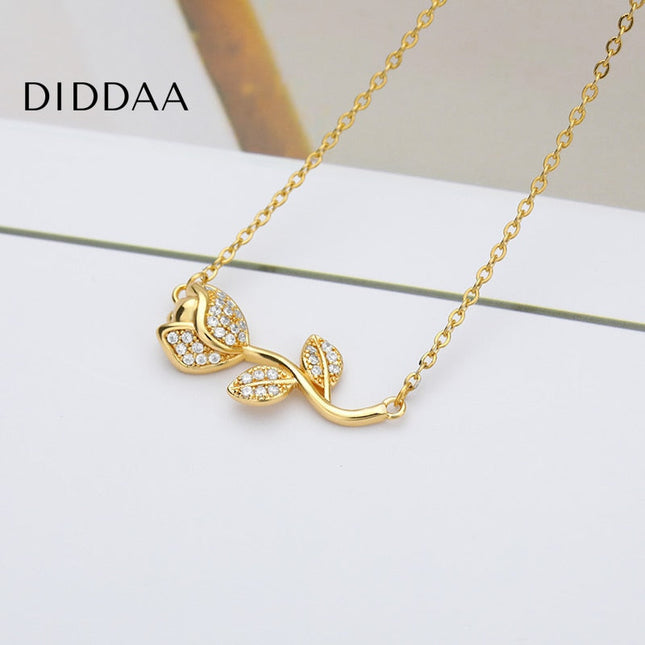 Floral Pendant Necklace | Gold Zirconia Rose Flower Chain - Necklaces