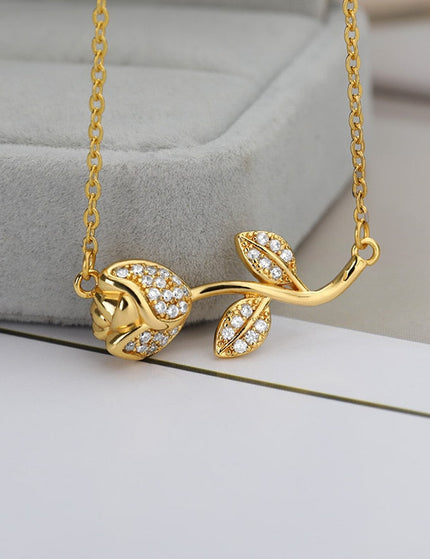 Floral Pendant Necklace | Gold Zirconia Rose Flower Chain - Gold - Necklaces