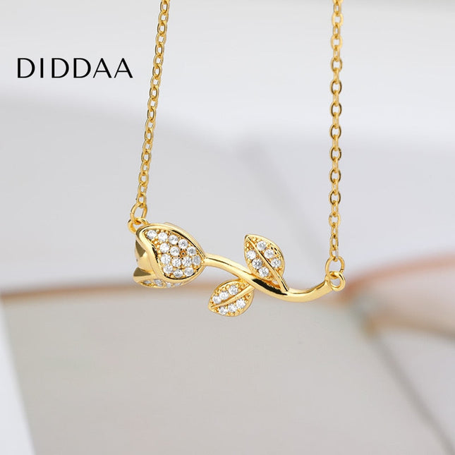 Floral Pendant Necklace | Gold Zirconia Rose Flower Chain - Necklaces