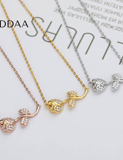 Floral Pendant Necklace | Gold Zirconia Rose Flower Chain - Silver - Necklaces